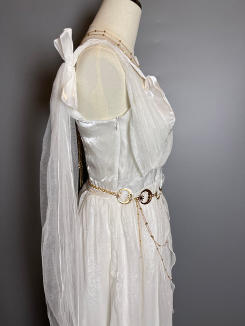 White Fantasy Tulle Dress with Draped Sleeves and Celestial Belt – Greek Goddess Dress Plus Size